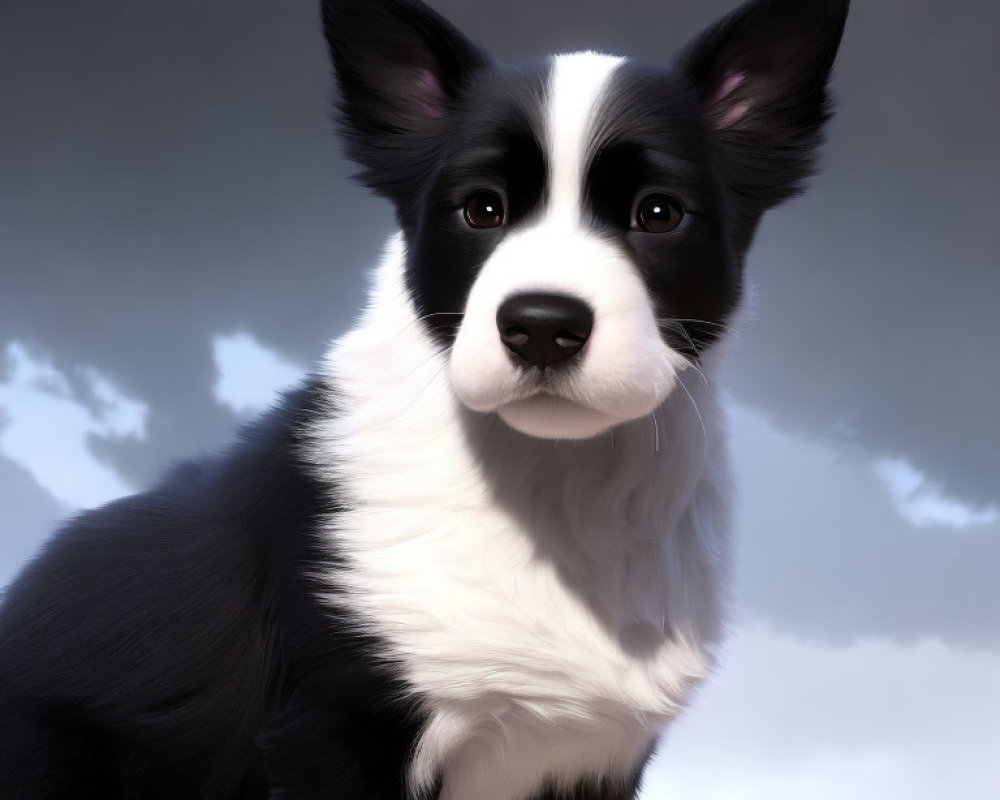 Monochrome Border Collie Artwork Against Cloudy Sky