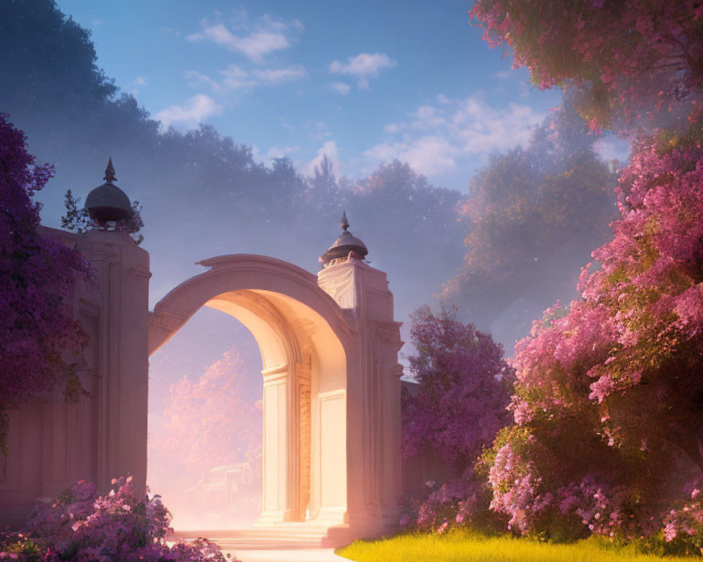 Ethereal garden with pink blossoming trees, stone archway, and mystical full moon