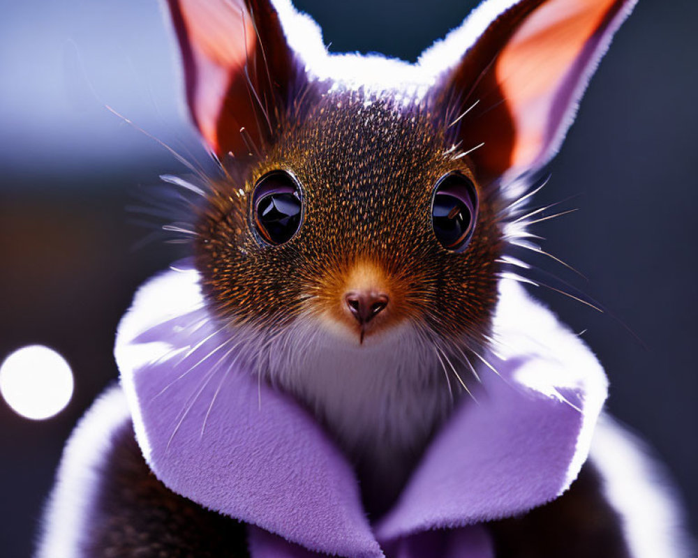 Brown Rabbit Digital Art with Shiny Eyes and Purple Collar on Blurry Bokeh Background