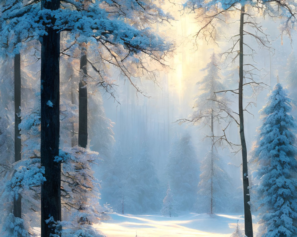 Winter Forest Scene: Snow-covered Pine Trees by Stream