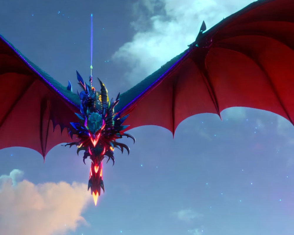 Blue dragon with red wings flying in sunset sky with clouds