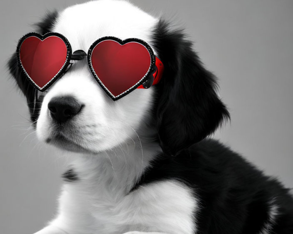 Adorable Black and White Puppy with Heart-shaped Sunglasses