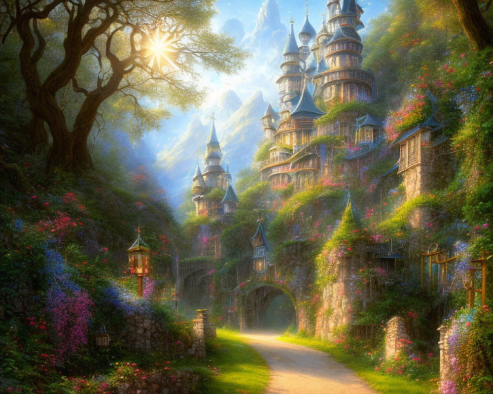 Enchanted forest scene with fairytale castle and spires