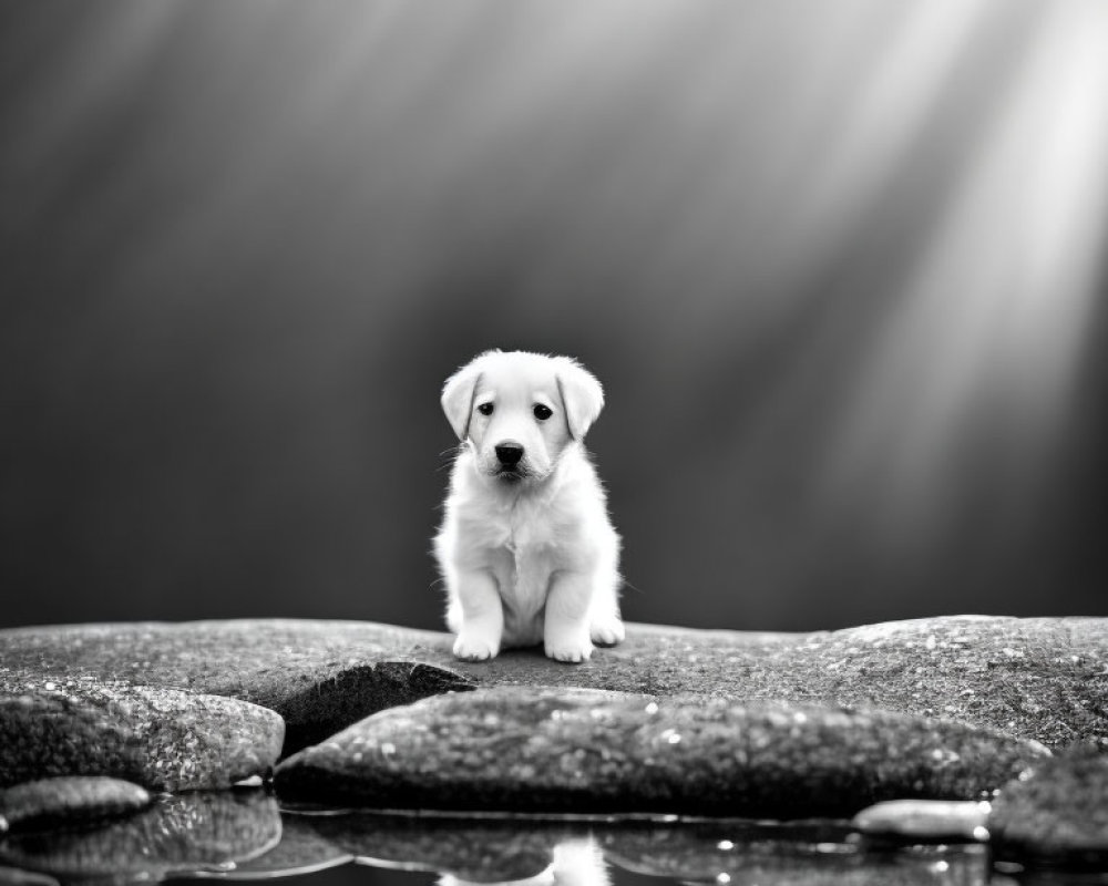 Monochrome image of puppy on rock with reflection and sunbeams