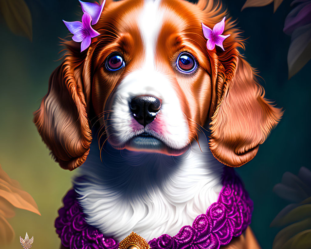 Detailed Illustration: Dog with Soulful Eyes, Purple Flowers, Necklace, Leafy Backdrop