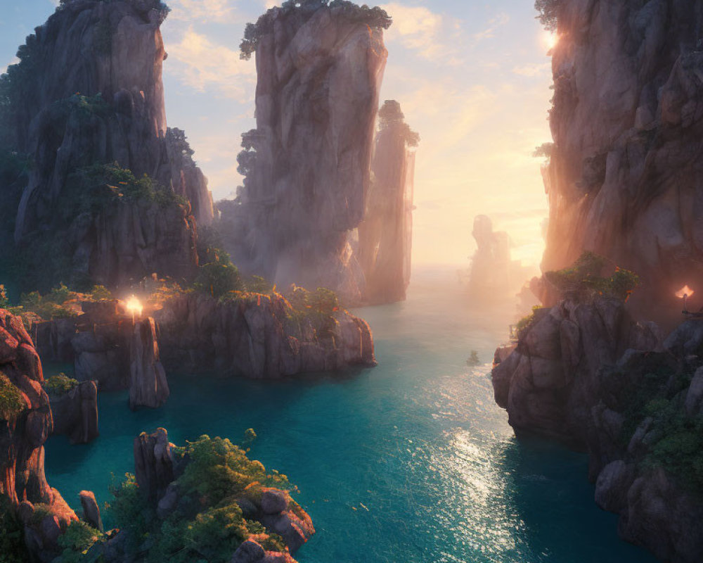 Tranquil landscape with towering rock formations and serene river at sunrise