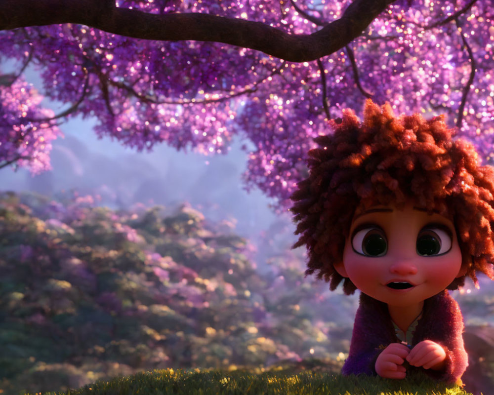 Curly-Haired Animated Character Under Purple Tree in Colorful Forest