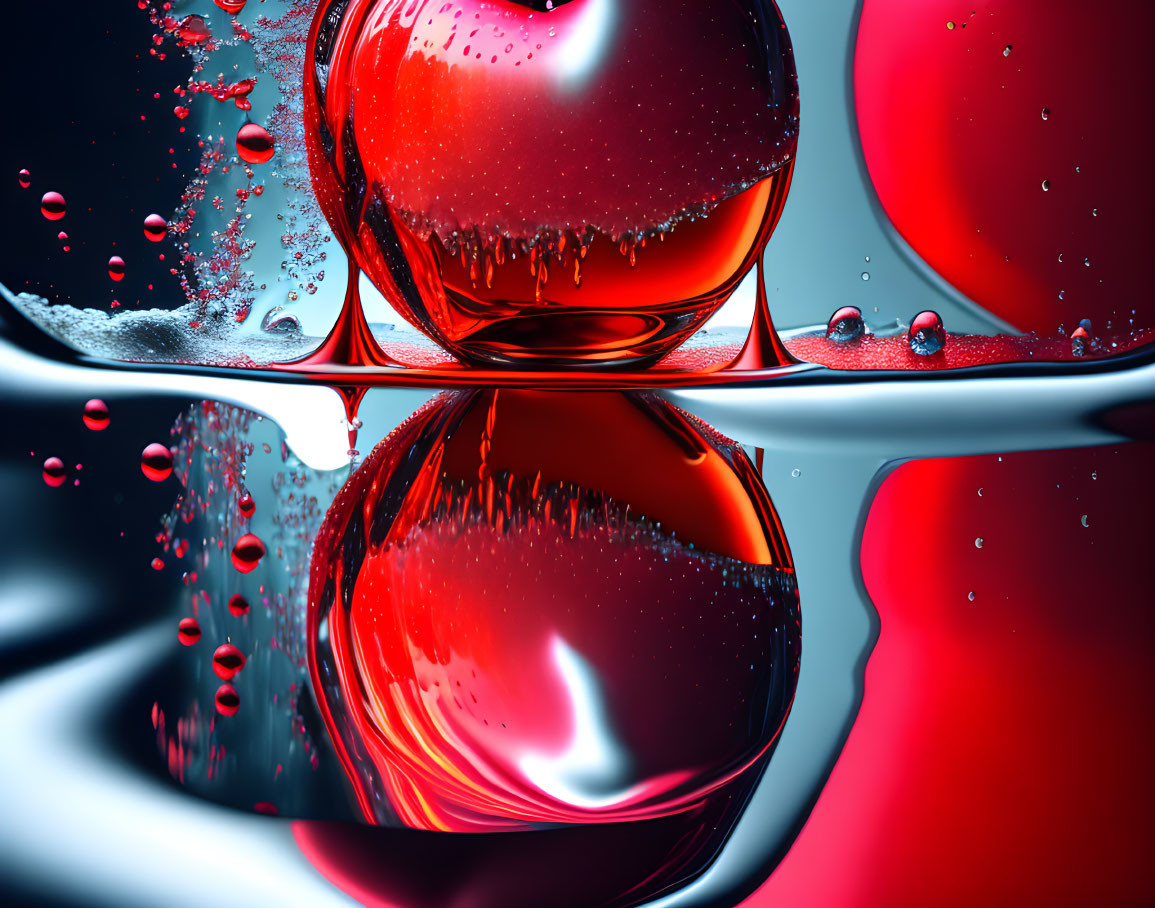 Red Apple Reflection on Sleek Surface with Water Droplets and Ripple Effect