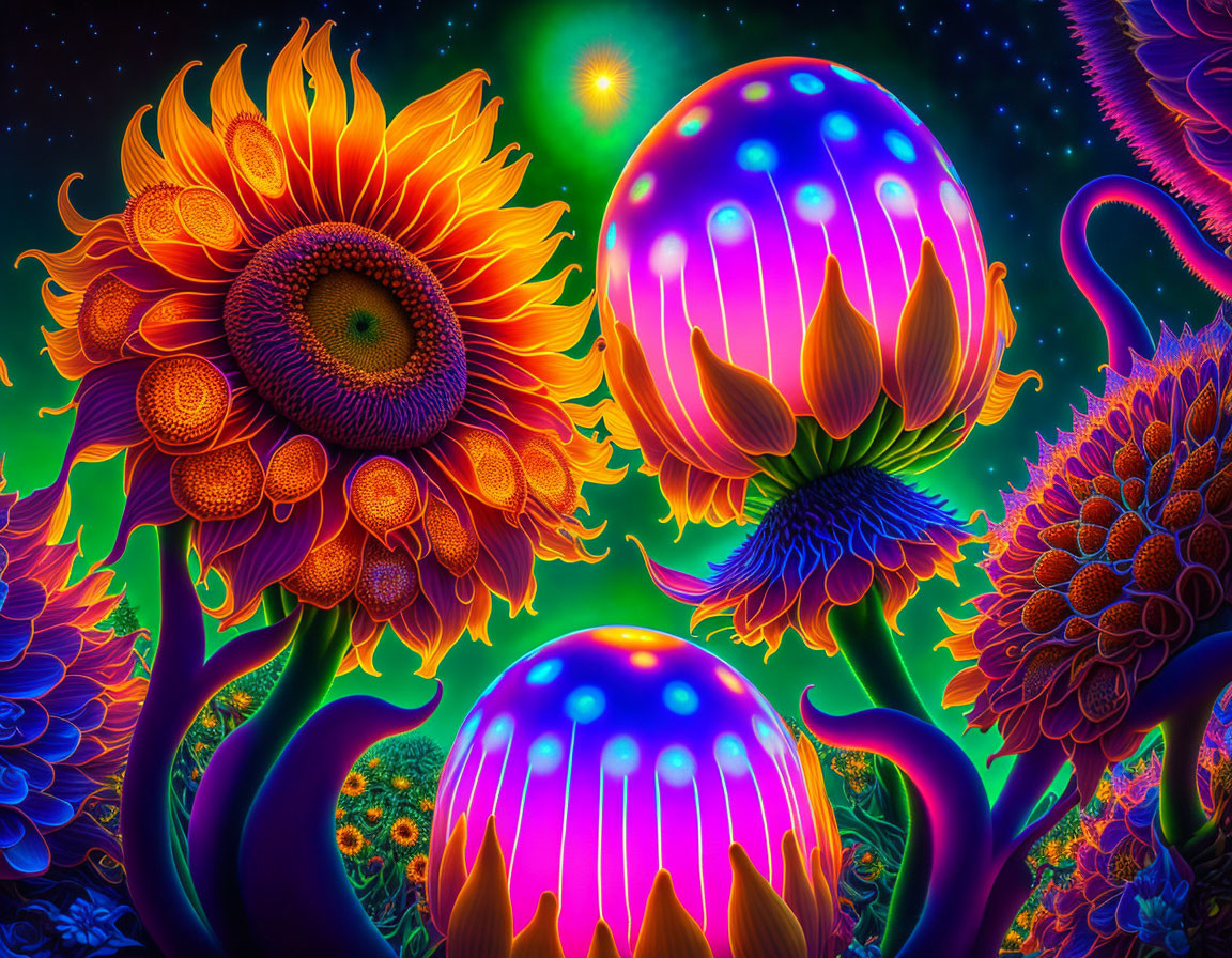 Colorful digital artwork: Glowing sunflowers and jellyfish in starry sky