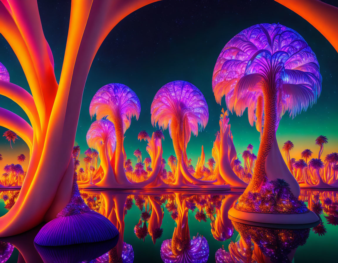 Surreal neon landscape with glowing trees, plants, water, and starry sky