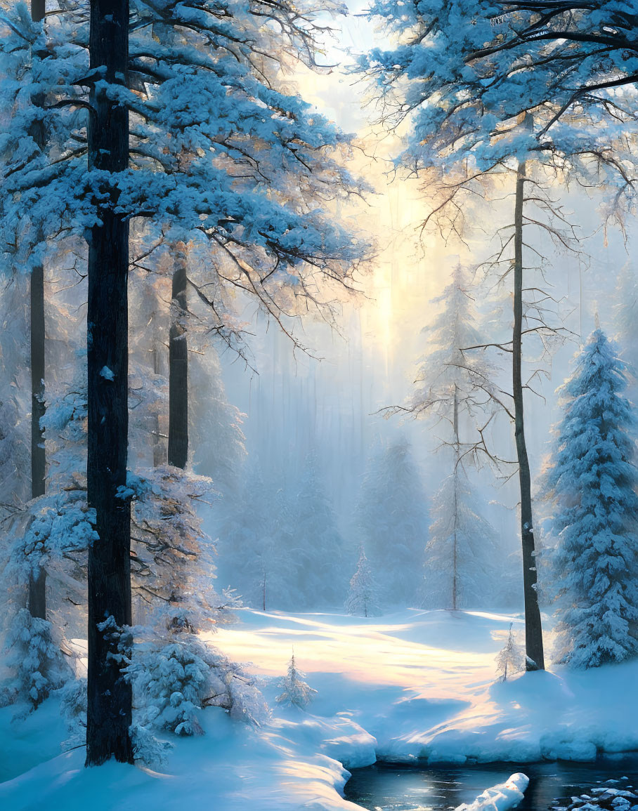 Winter Forest Scene: Snow-covered Pine Trees by Stream