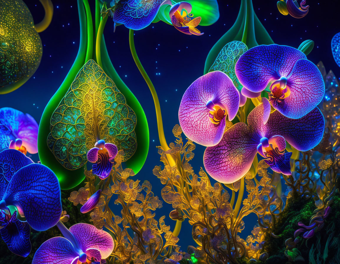 Illustration of glowing purple orchid flowers in surreal night sky