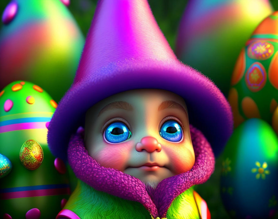 Whimsical character with purple pointed hat among colorful Easter eggs