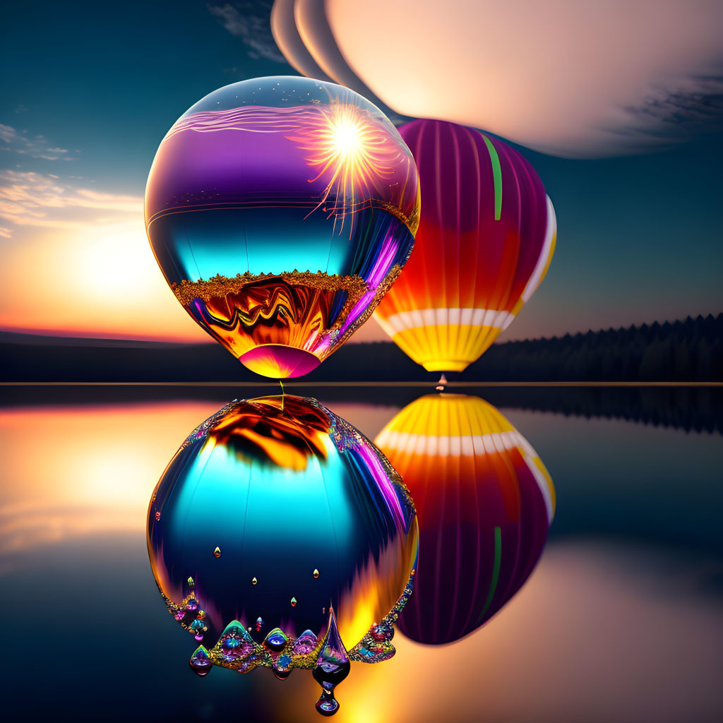 Surreal artwork with reflective spheres, hot air balloon, and mirrored lake.