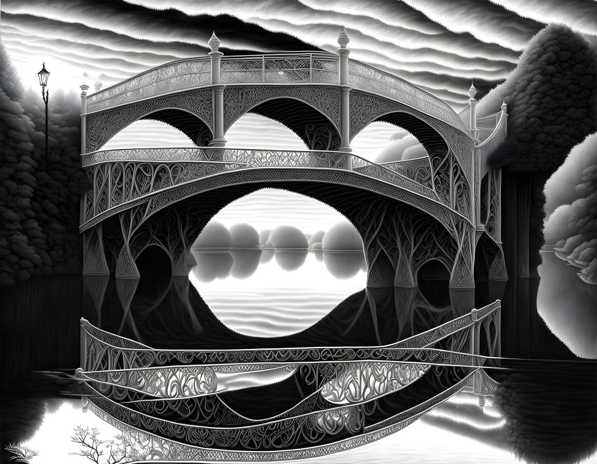 Monochrome artistic image of ornate dual-level bridge over calm waters