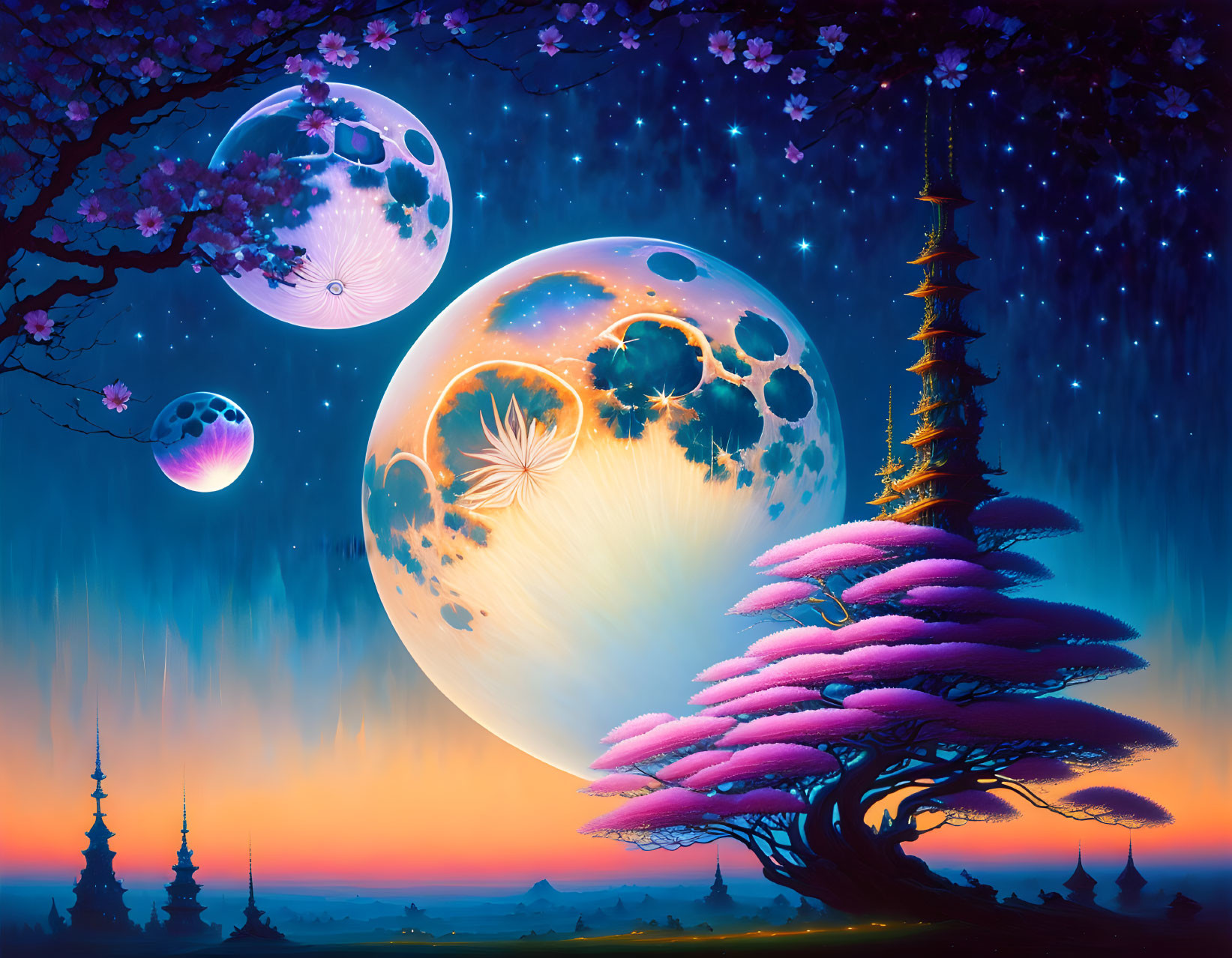 Colorful fantasy landscape with pink tree, starry sky, two moons, and pagodas.