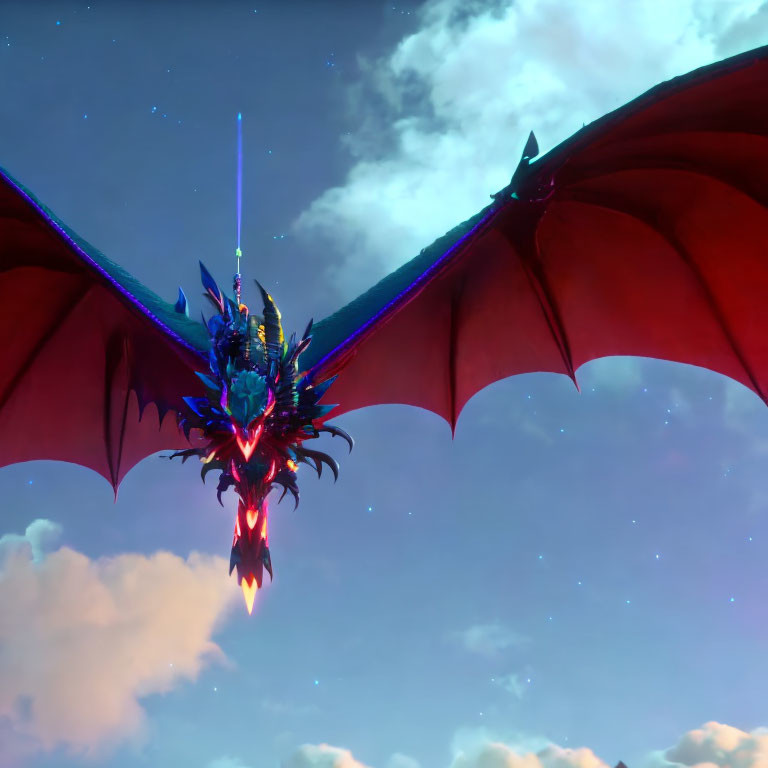 Blue dragon with red wings flying in sunset sky with clouds