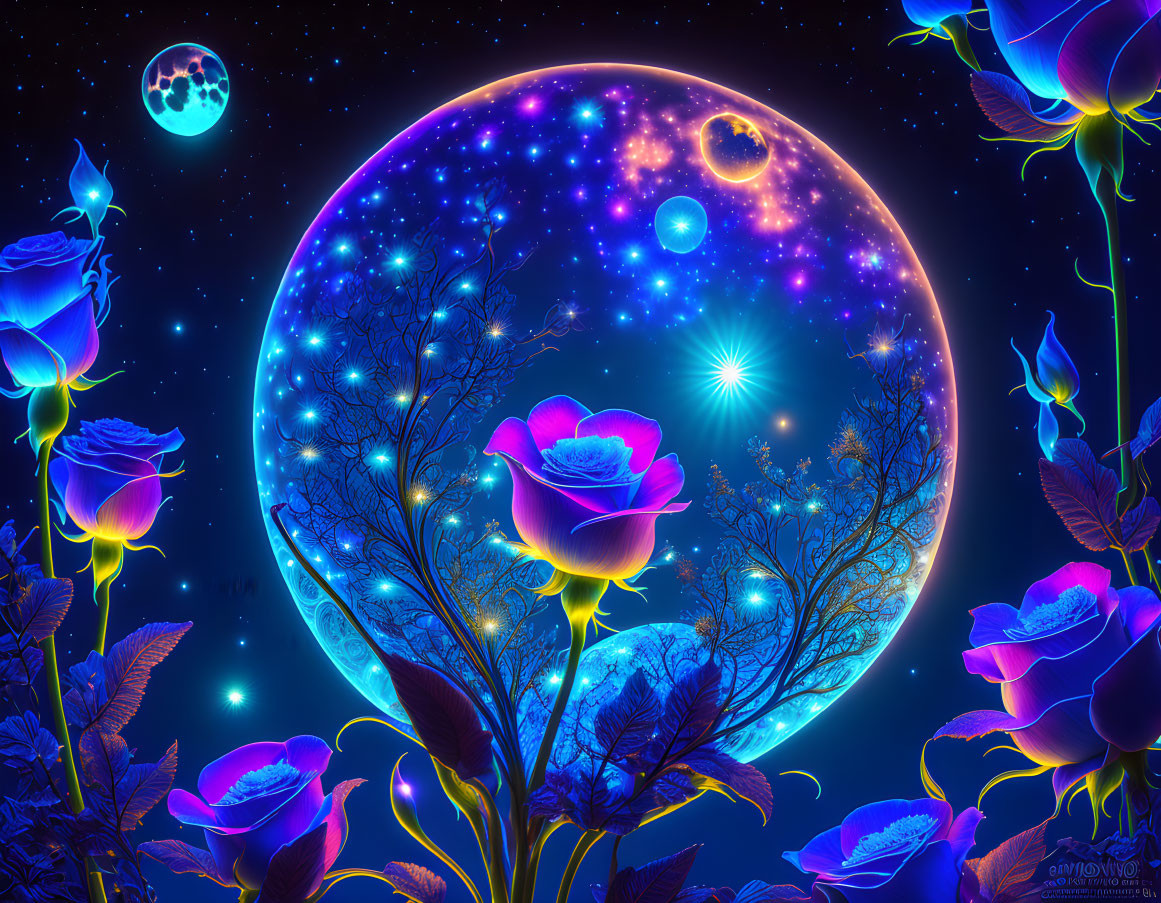 Neon blue roses on cosmic background with planets and stars