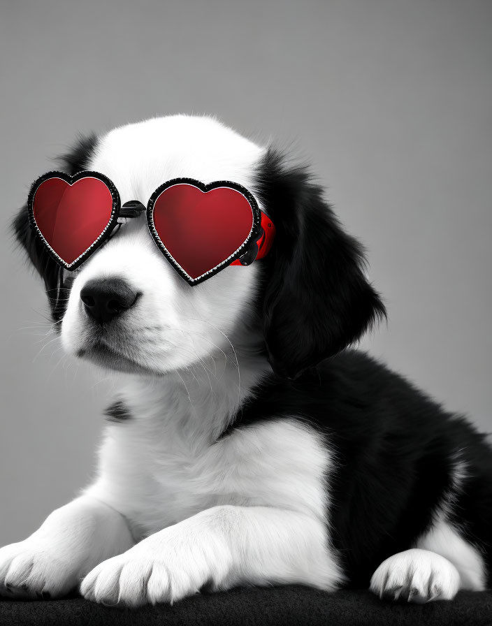 Adorable Black and White Puppy with Heart-shaped Sunglasses