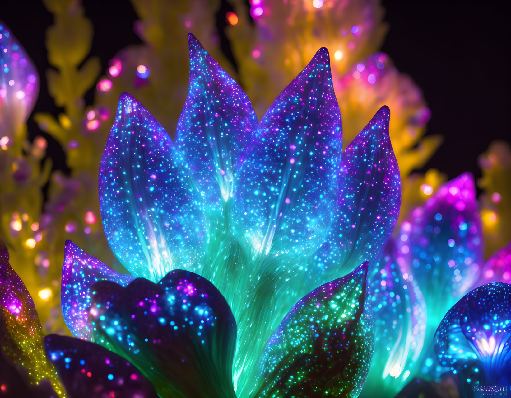 Colorful Lotus Flower Sculptures Illuminated Against Dark Background