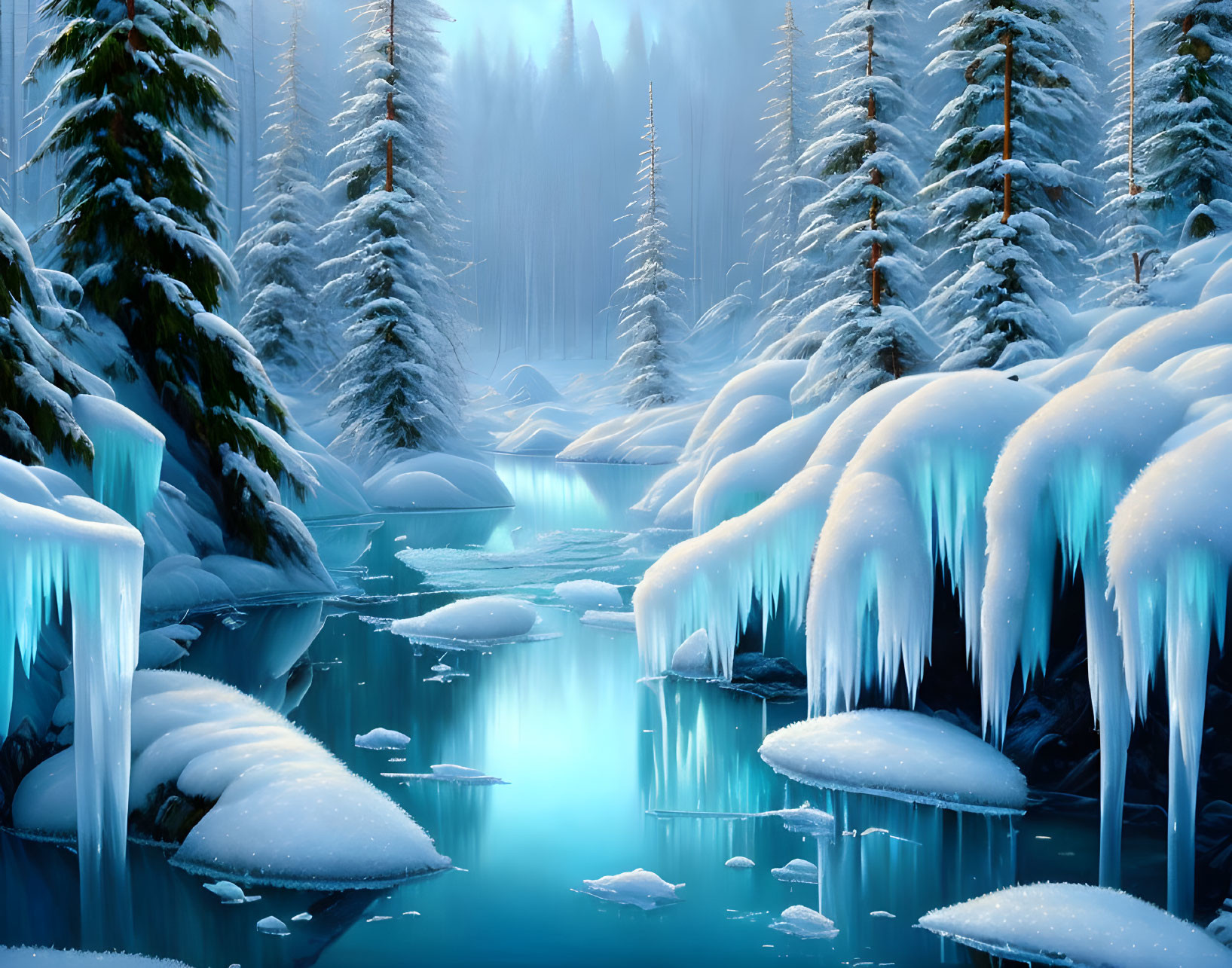 Snow-covered trees and icicles by tranquil blue river in serene winter scene