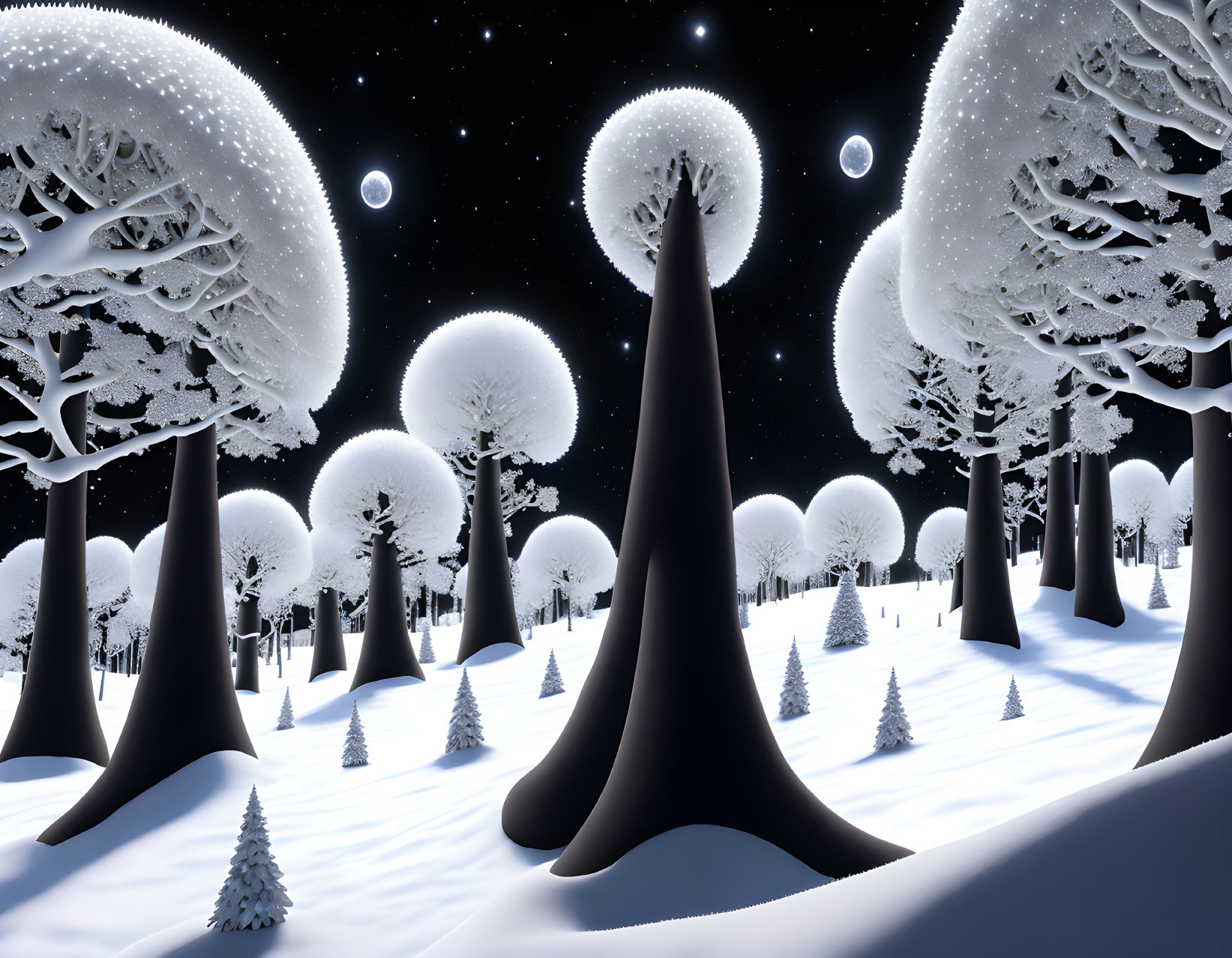 Snow-covered conical trees under starry sky in serene winter night scene