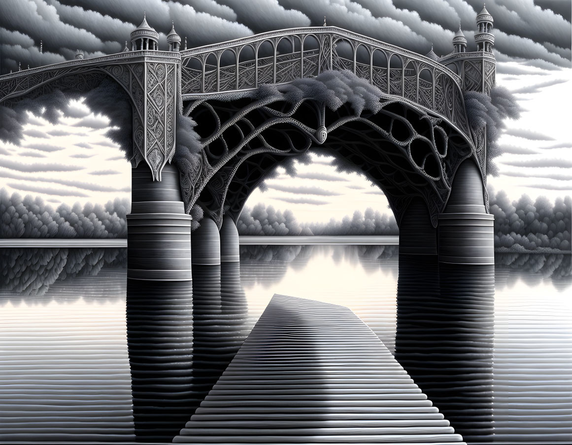 Detailed Monochromatic Image of Ornate Bridge Over Calm Water