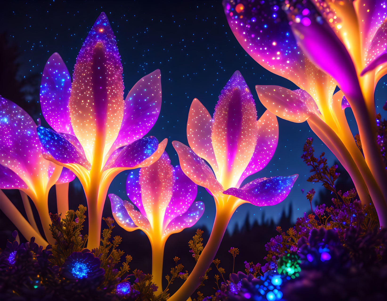 Vibrant purple and pink flowers in a starry night sky scene