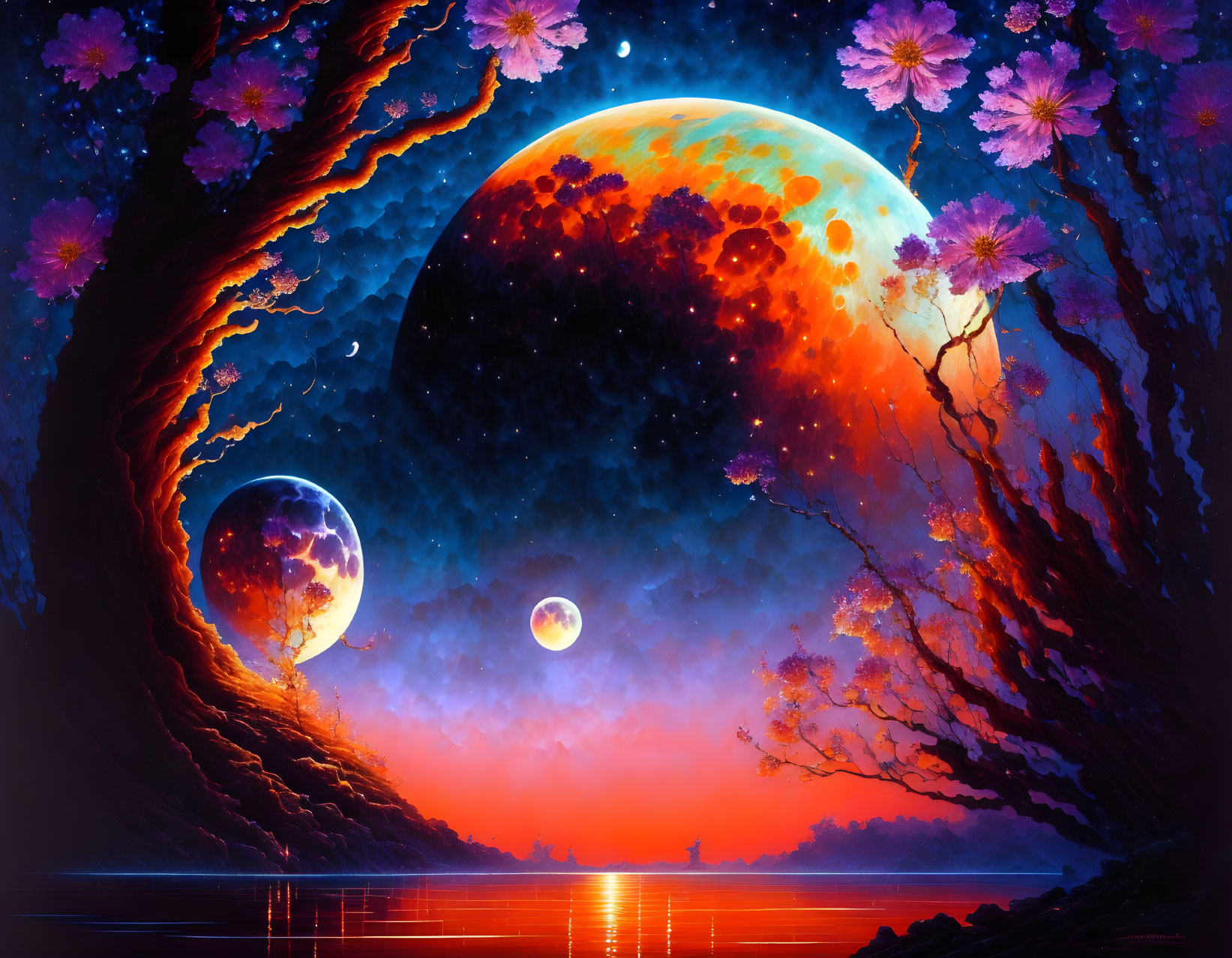 Digital artwork: Red moon, pink trees, starry sky