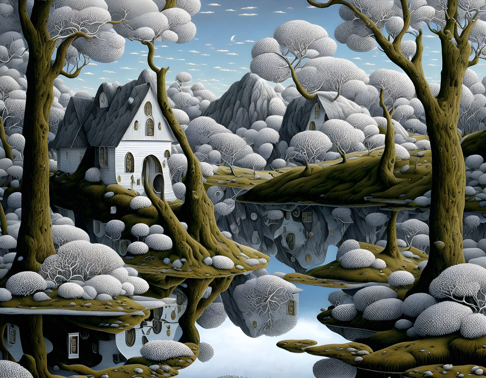 Surreal landscape with stylized trees, quaint house, still water, rounded hills, cloudy sky