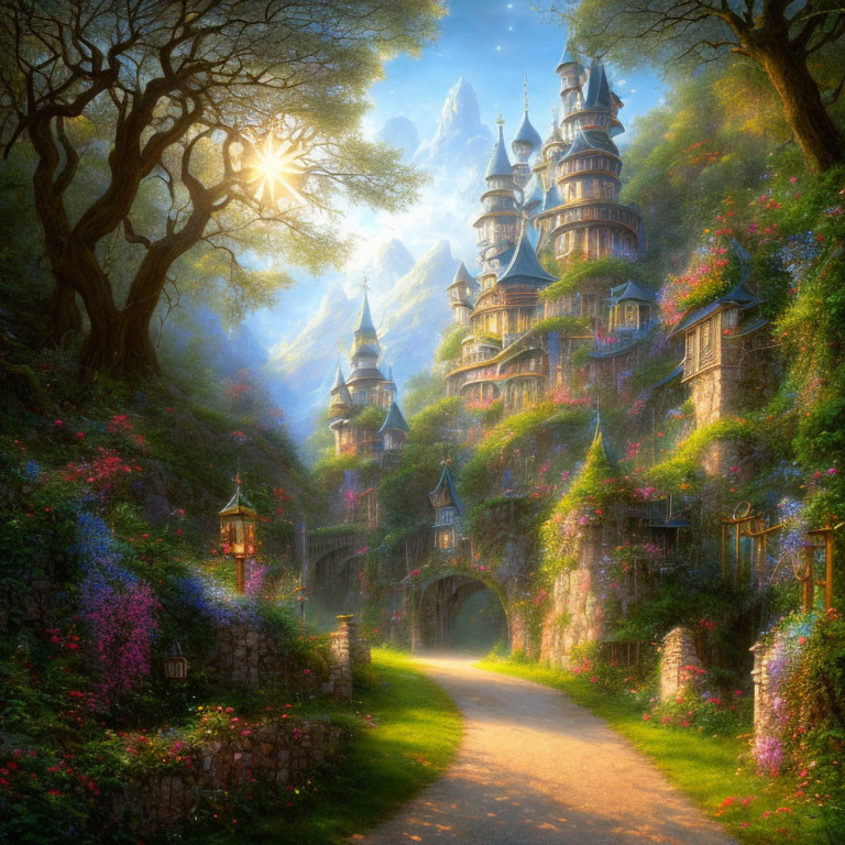 Enchanted forest scene with fairytale castle and spires