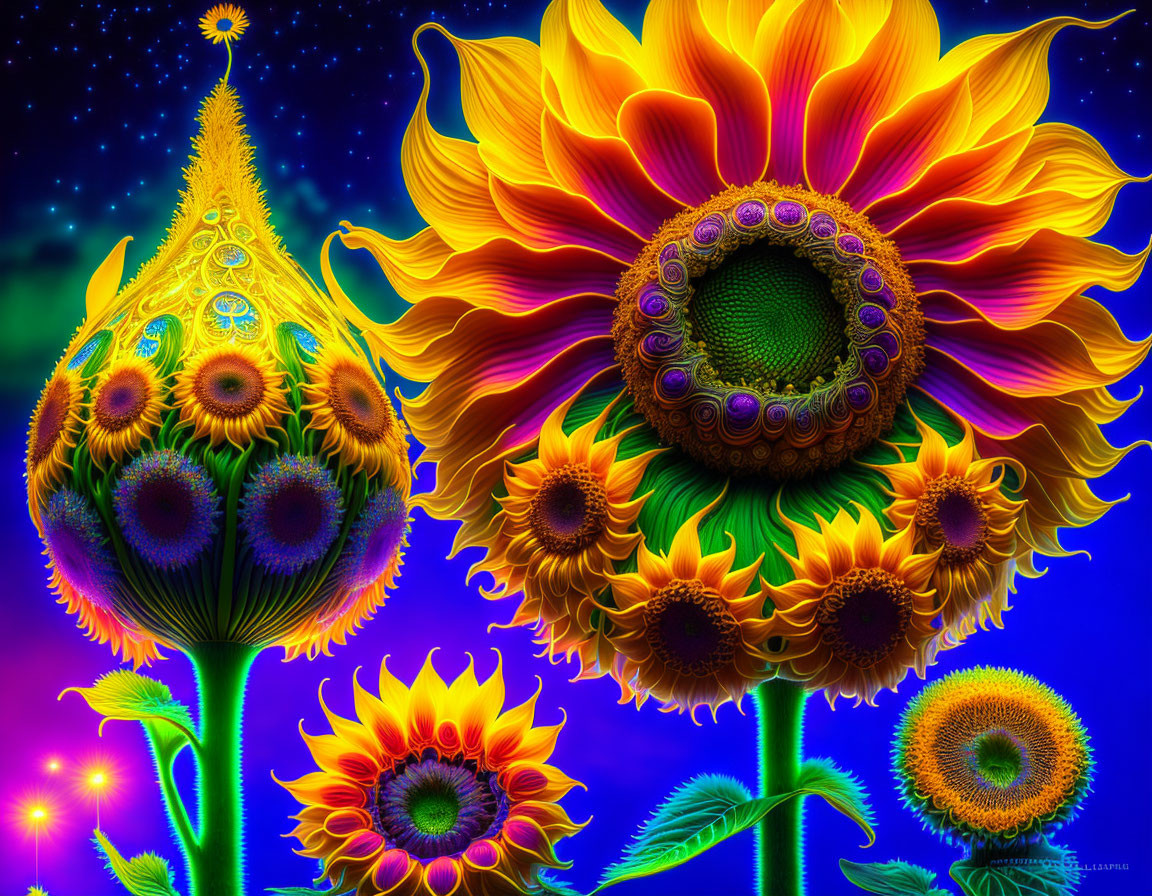 Fantastical glowing sunflowers in neon-hued digital art