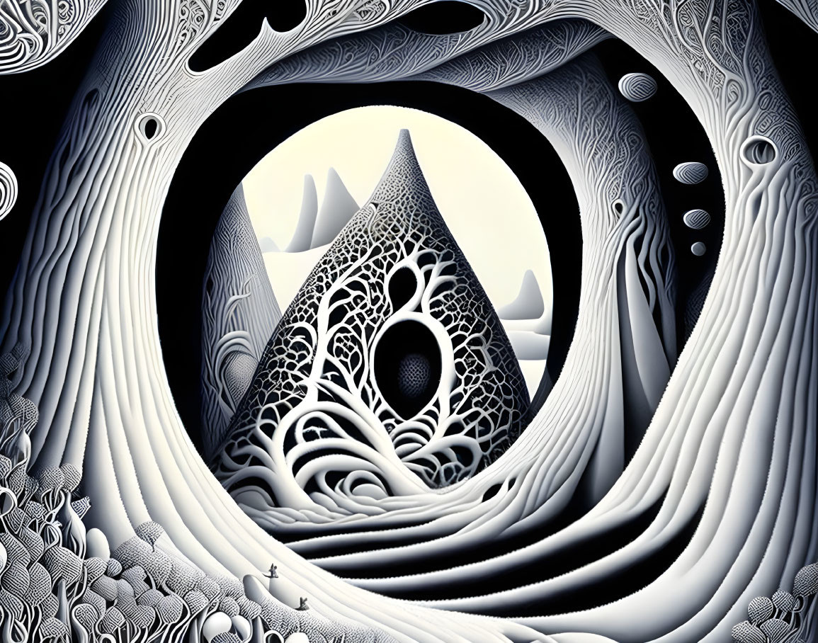 Detailed black and white surreal illustration with central pyramid and tree-like pattern surrounded by wavy shapes.