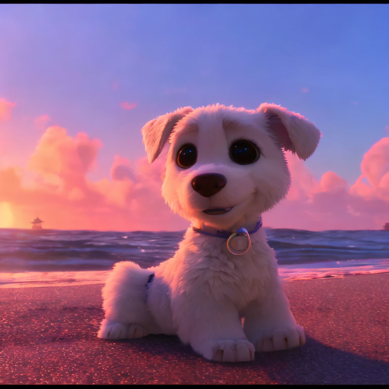 White puppy with big eyes on beach at sunset with pink clouds and boat