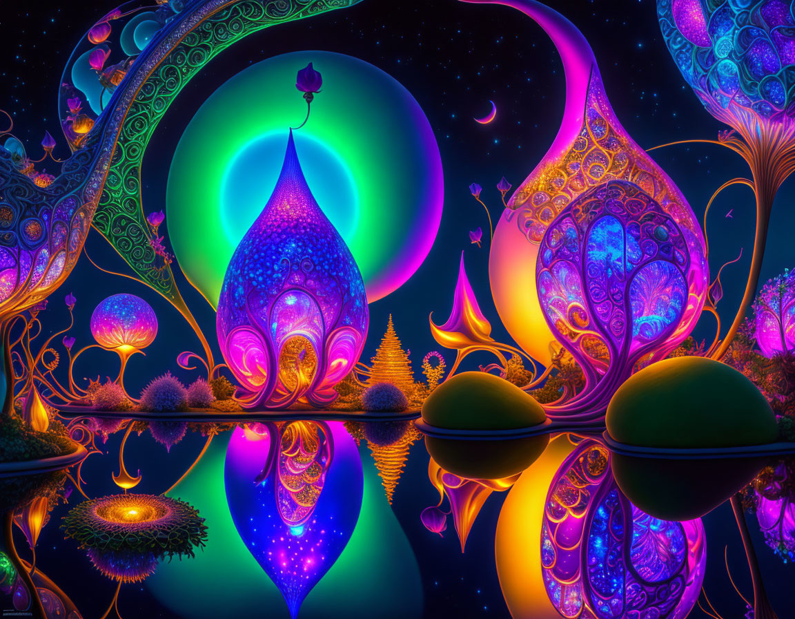 Colorful digital artwork: Luminescent structures reflected on tranquil water.