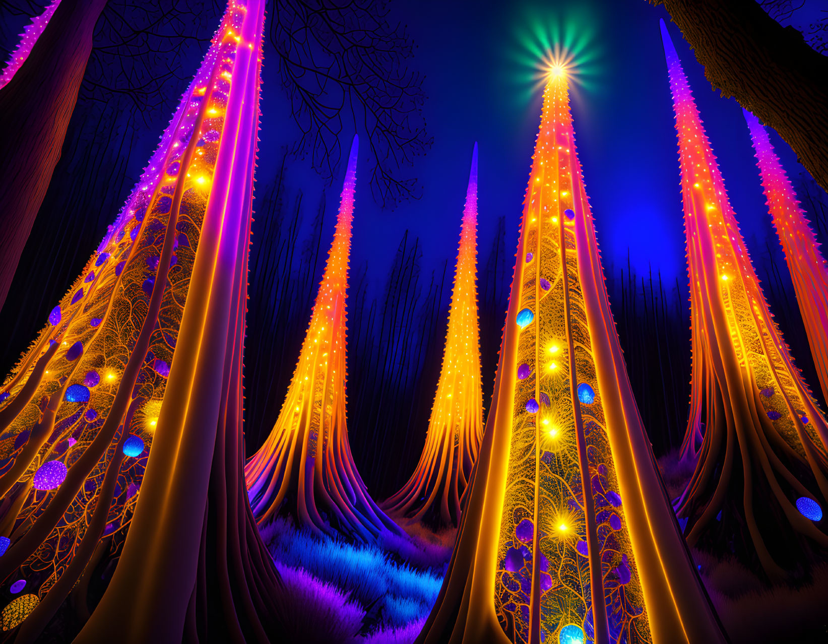 Neon Outlined Trees in Starry Night Sky