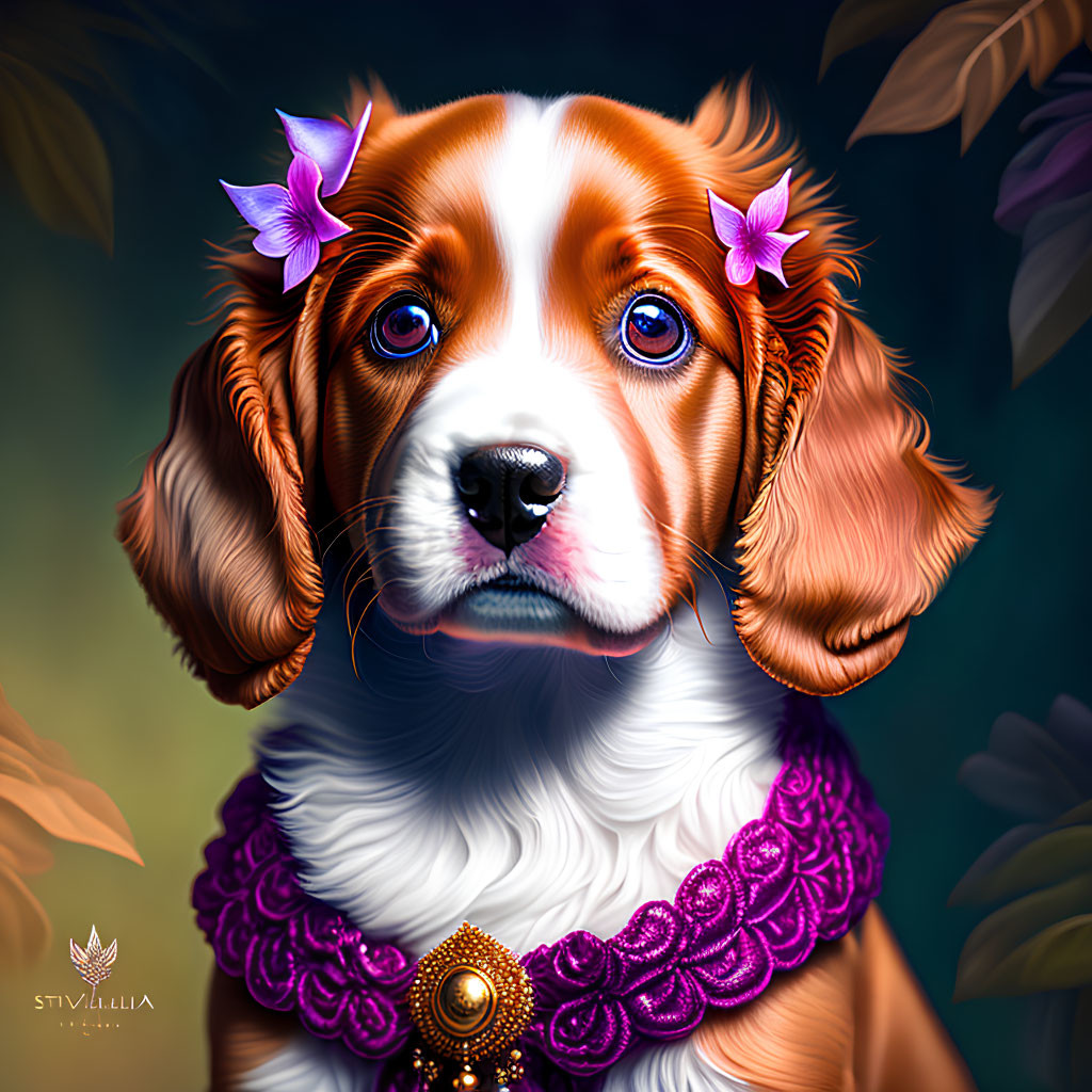 Detailed Illustration: Dog with Soulful Eyes, Purple Flowers, Necklace, Leafy Backdrop