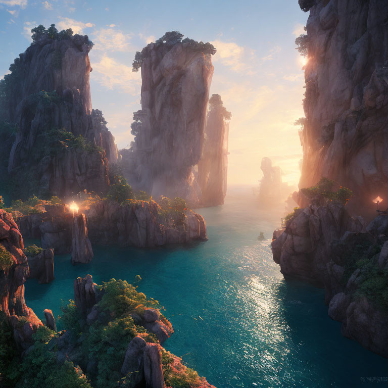 Tranquil landscape with towering rock formations and serene river at sunrise