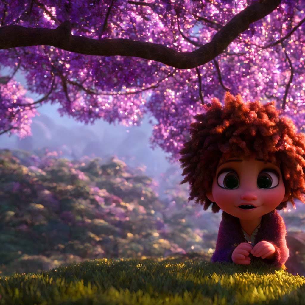 Curly-Haired Animated Character Under Purple Tree in Colorful Forest