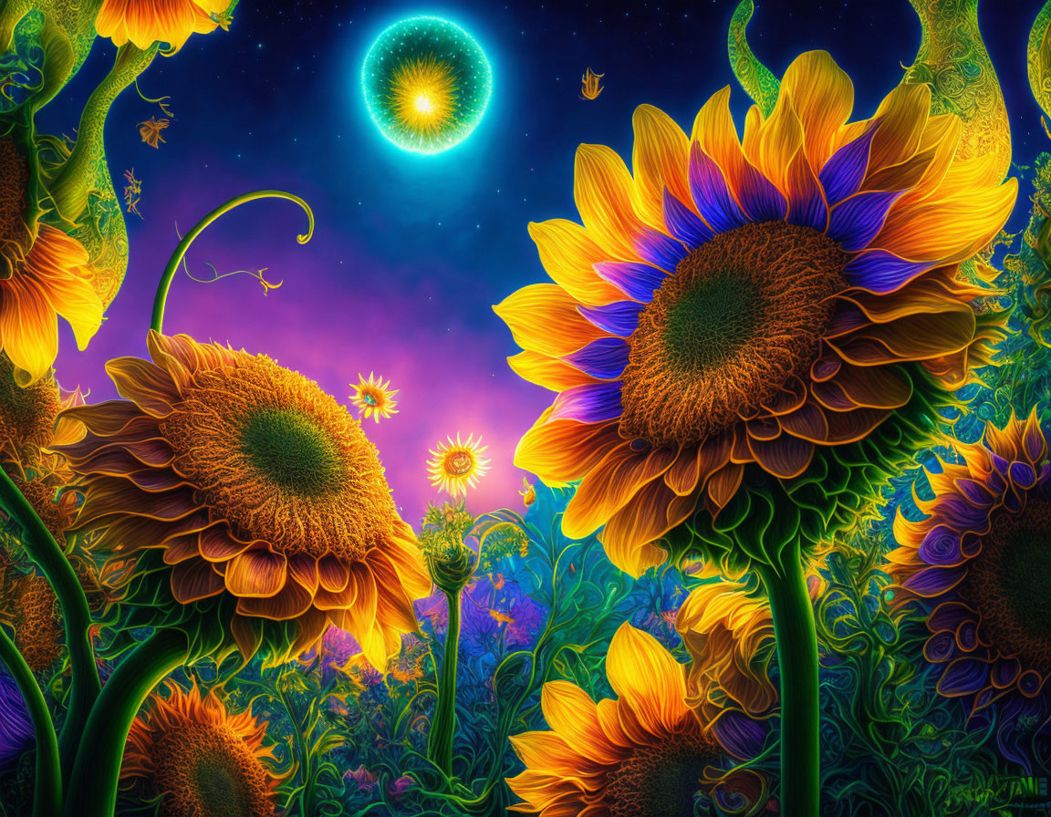 Colorful sunflower field illustration with glowing moon and stars