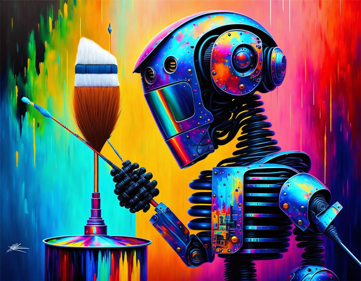 Colorful Robot Painting with Helmet Head and Paintbrush on Rainbow Background