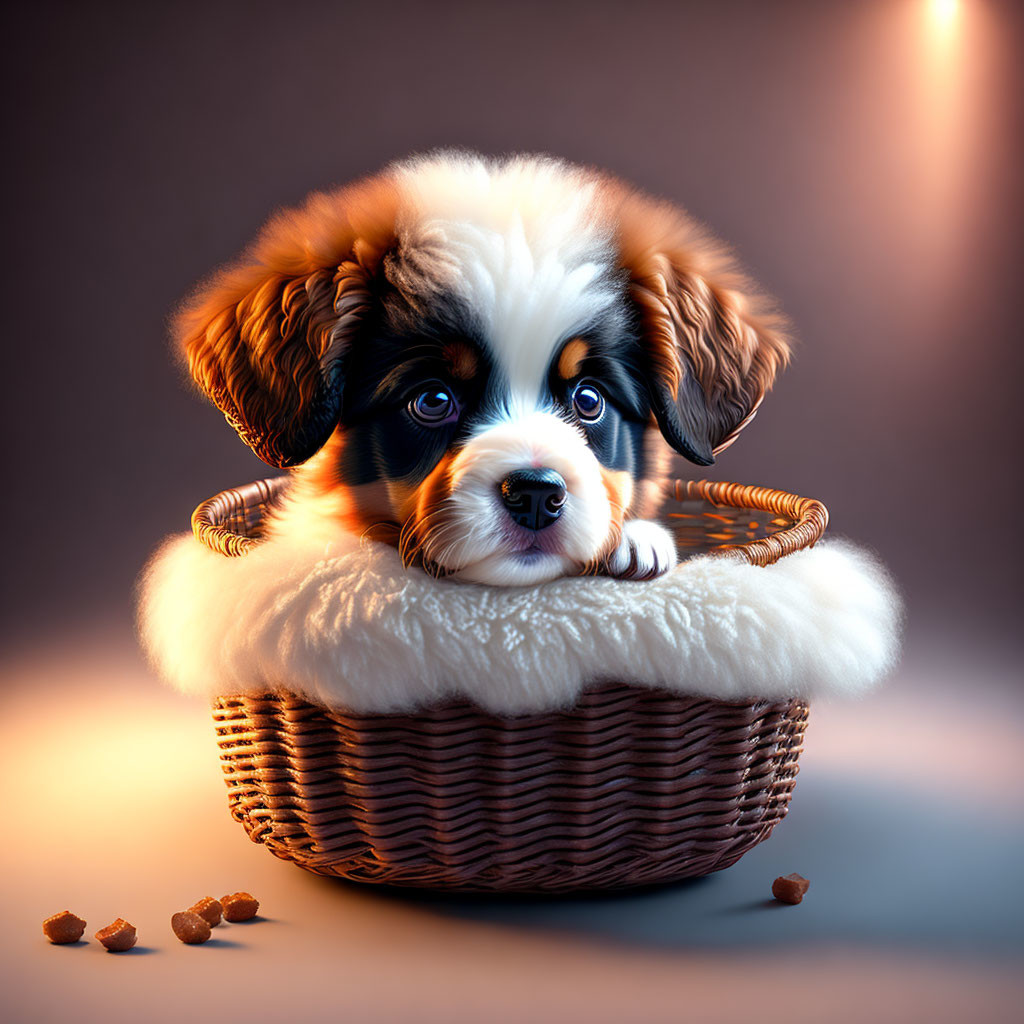 Tricolor puppy in woven basket with kibble and soulful eyes