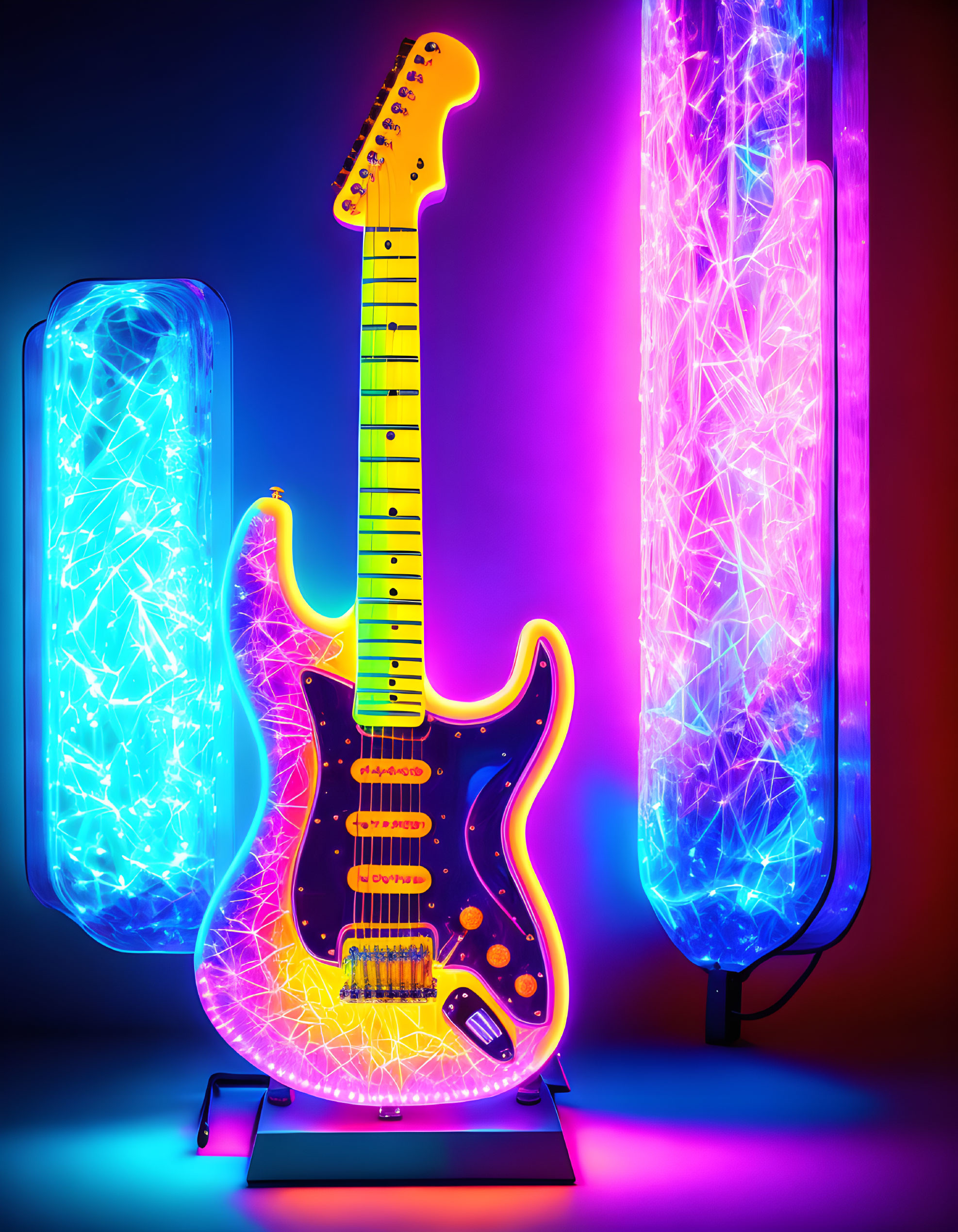 Vibrant Neon Wire Light Electric Guitar on Gradient Background