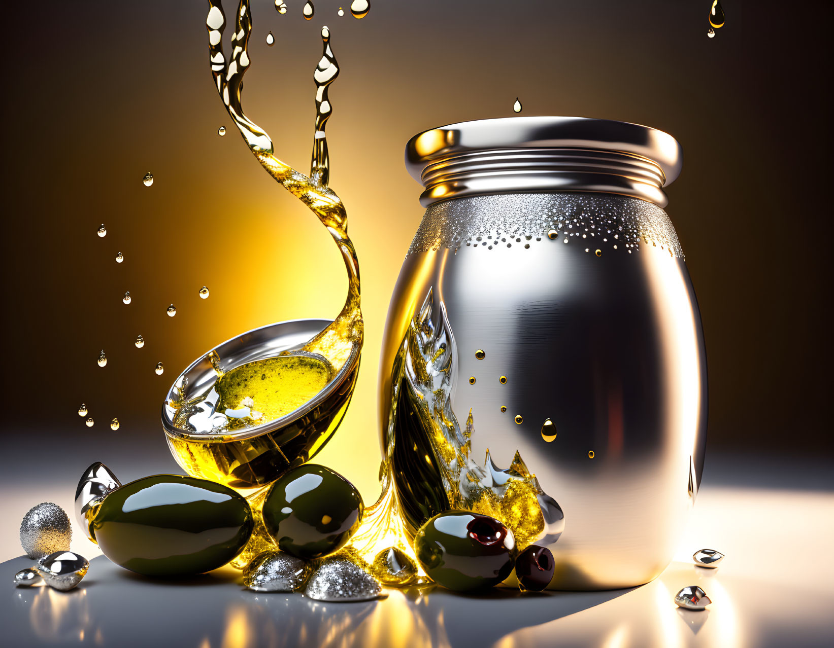 Golden olive oil pouring into a bowl with olives on reflective surface