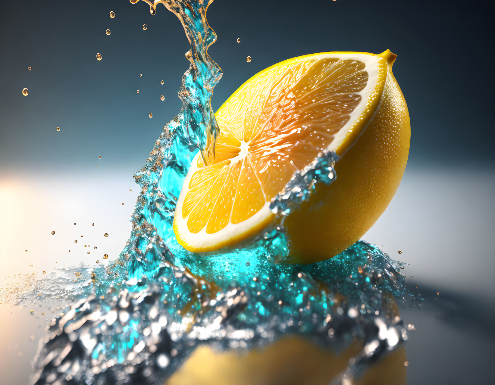 Vibrant lemon half splashes in blue water with dynamic ripples and droplets