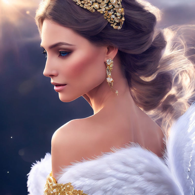 Regal woman with gold headpiece and white feathered attire