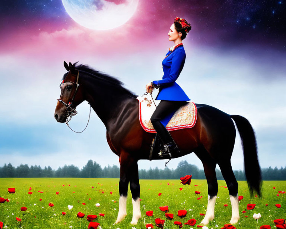 Woman in Blue Jacket Riding Horse in Field of White Flowers and Red Roses Under Moonlit Sky