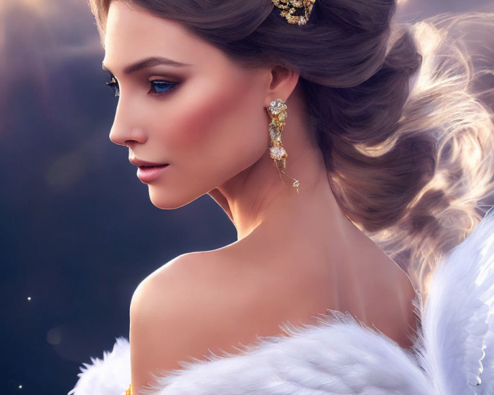 Regal woman with gold headpiece and white feathered attire