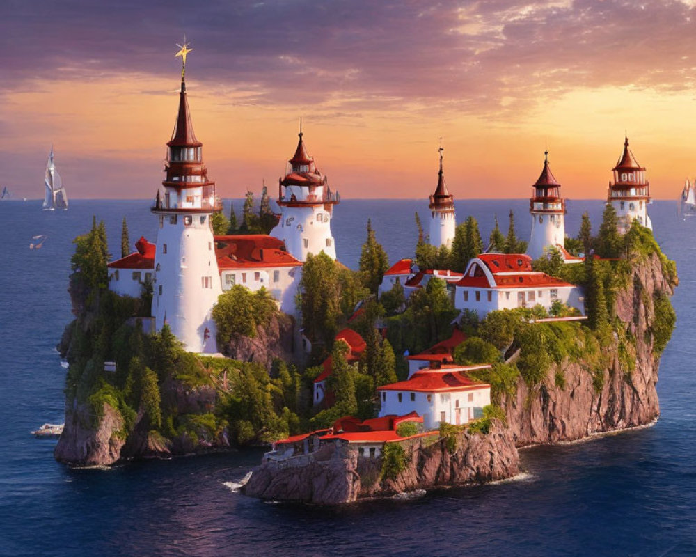 Majestic castle with spires on cliff by sea at sunset