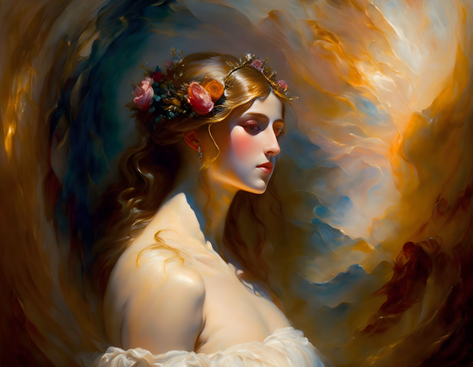 Profile view painting of woman with floral crown in warm hues and swirling backdrop.